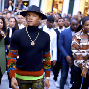Pharrell Williams présente sa première collection de mode masculine pour LV à Paris, avec la fermeture de rues et la présence de célébrités.